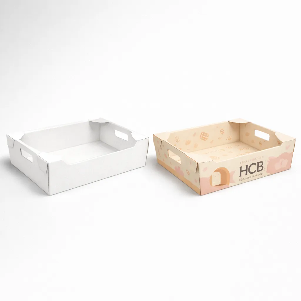 Two open corrugated mailer boxes, one plain white and one featuring vibrant pet-themed illustrations. class=